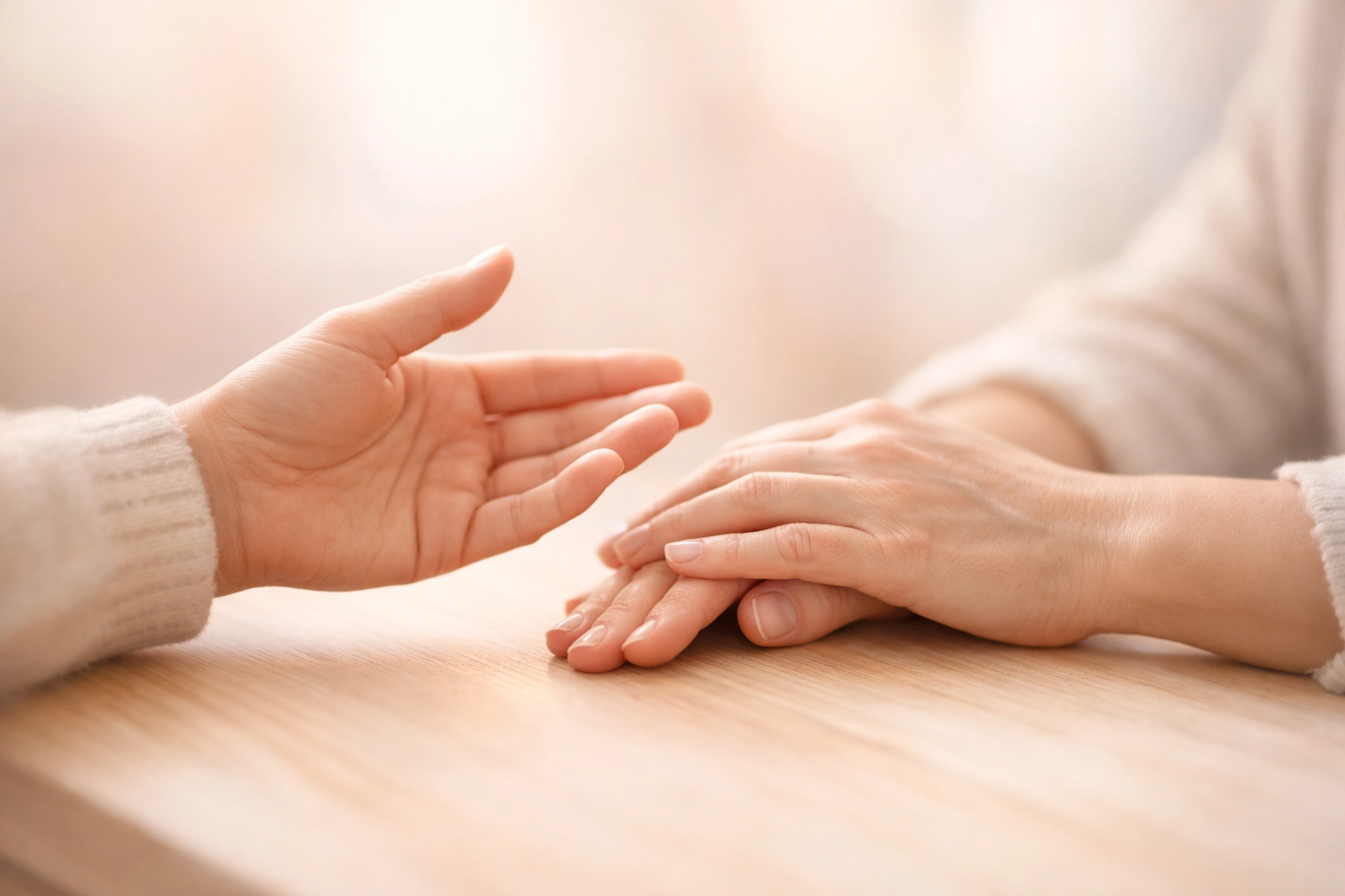 Close-up of hands in a supportive counseling session, representing a safe therapeutic bond in Georgia.