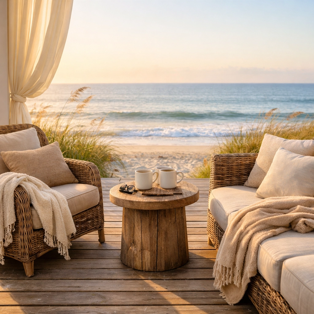 Beachfront porch with outdoor furniture overlooking the Gulf of Mexico at luxury Bolivar rental