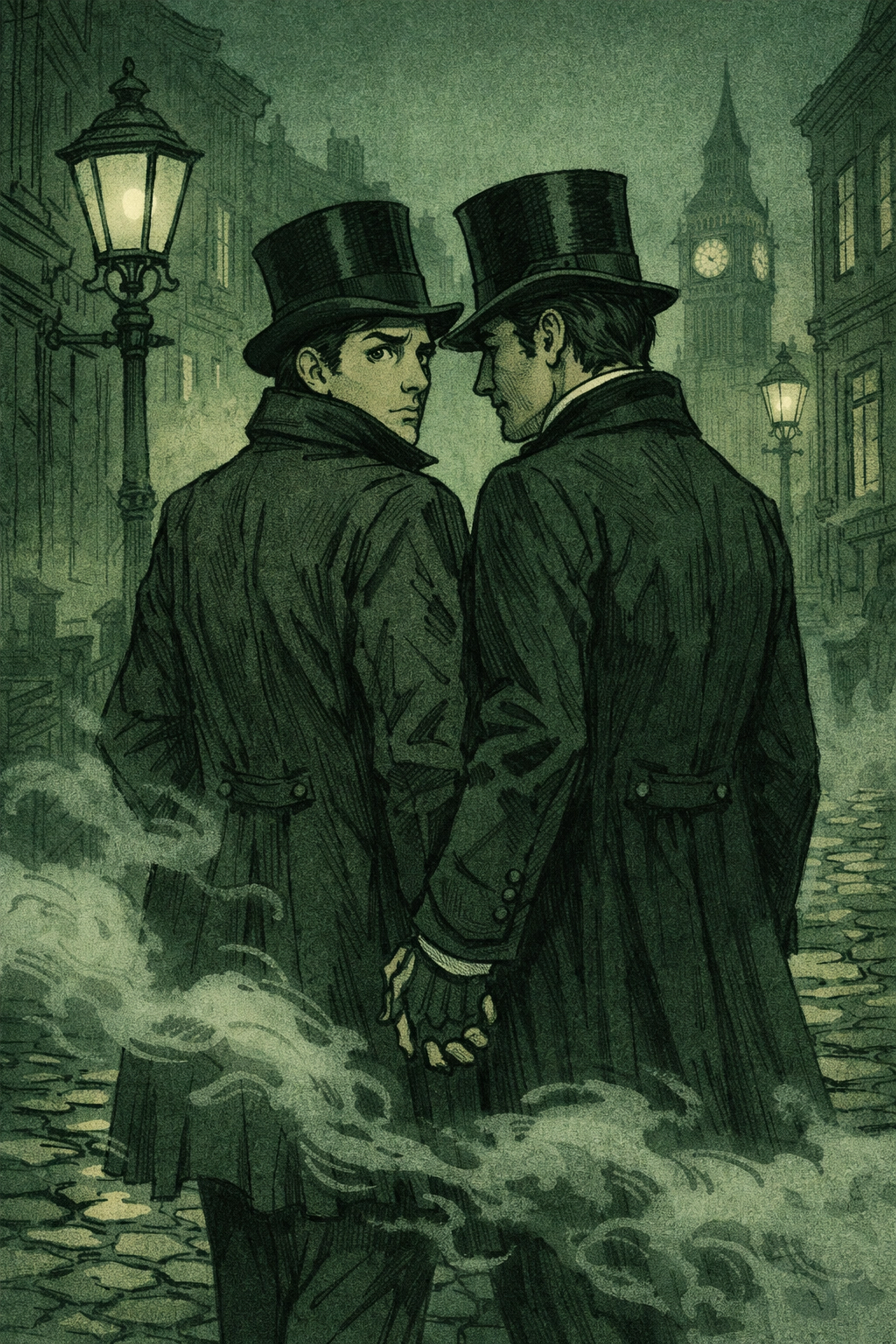 Two Victorian men sharing secret moment on London street - forbidden gay love in 1800s