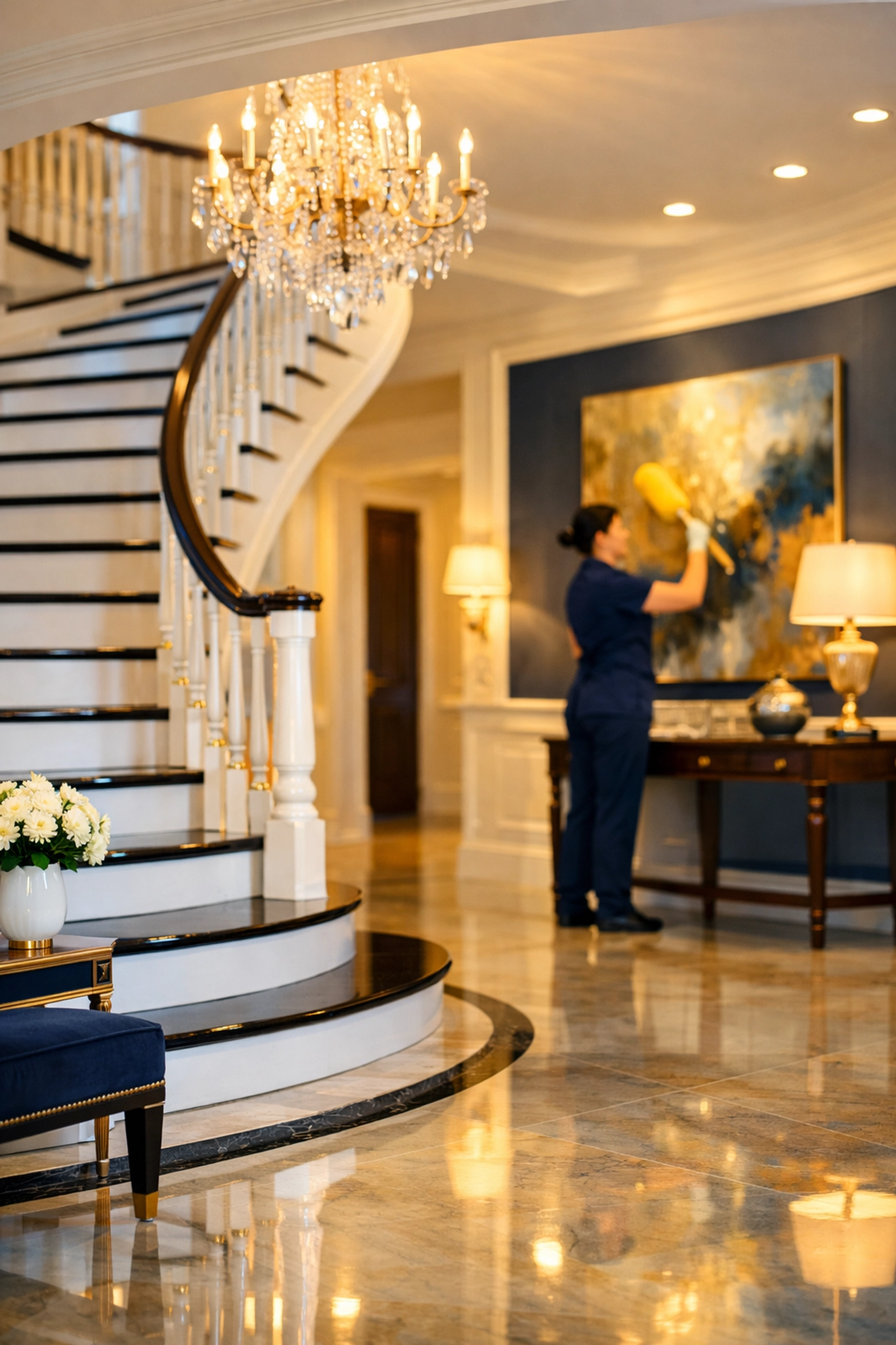 Professional residential cleaning Massachusetts team dusting a grand Dover home foyer with polished floors.