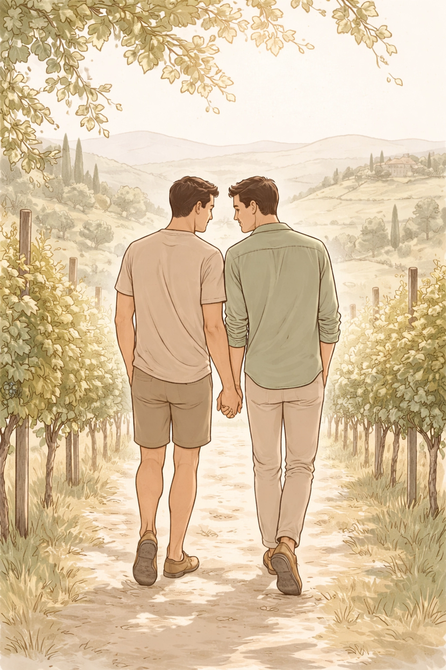 Male couple holding hands in a lush vineyard, representing midlife authenticity and love