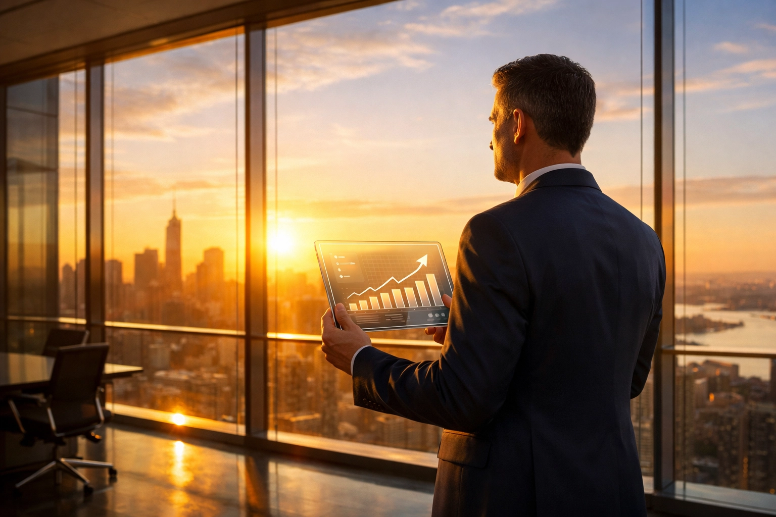 Business leader monitoring customer support growth on a digital AI dashboard.