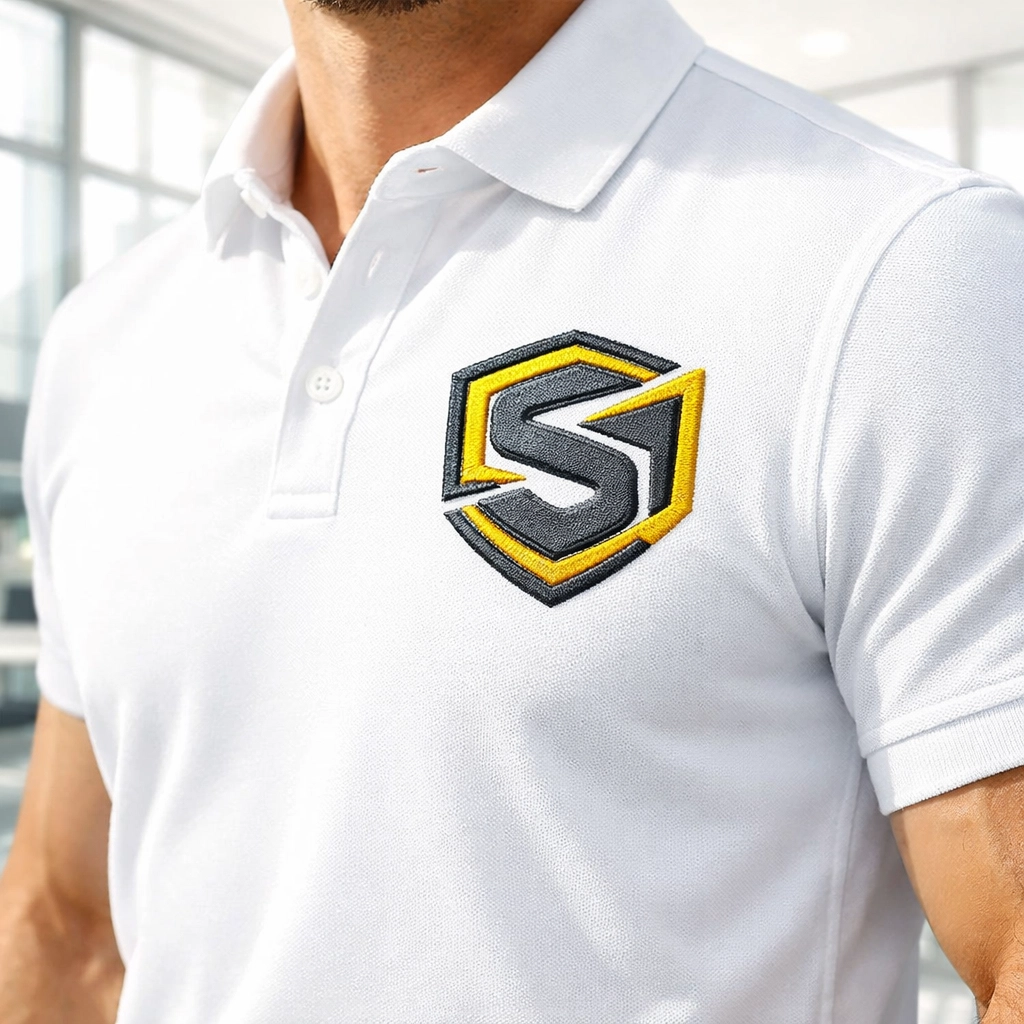 Professional white custom embroidered polo with sharp, high-quality branding for business teams.