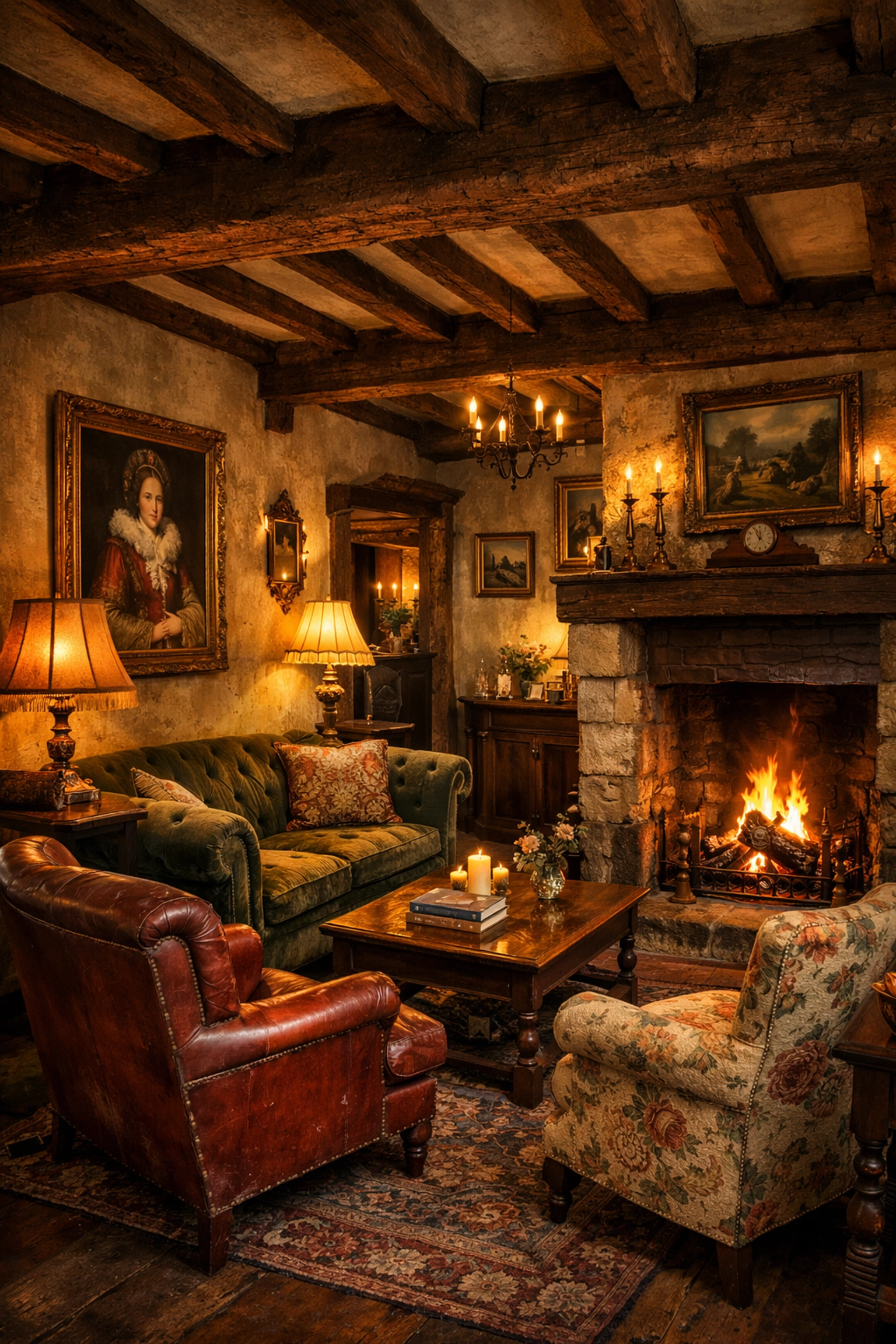 Boutique hotel interior with historic beams, fireplace and vintage furniture showcasing UK luxury accommodation
