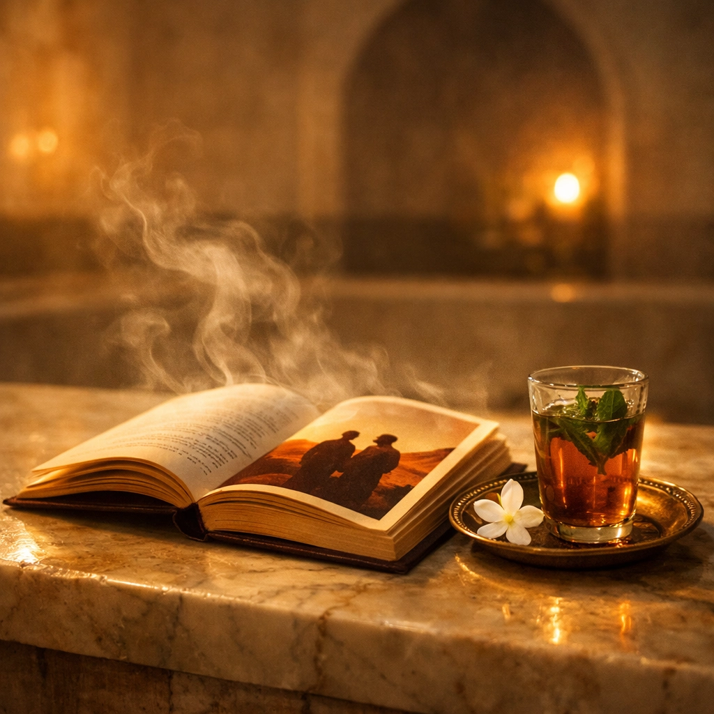 A gay historical romance novel and tea on a marble bathhouse slab, inviting readers to explore MM fiction.