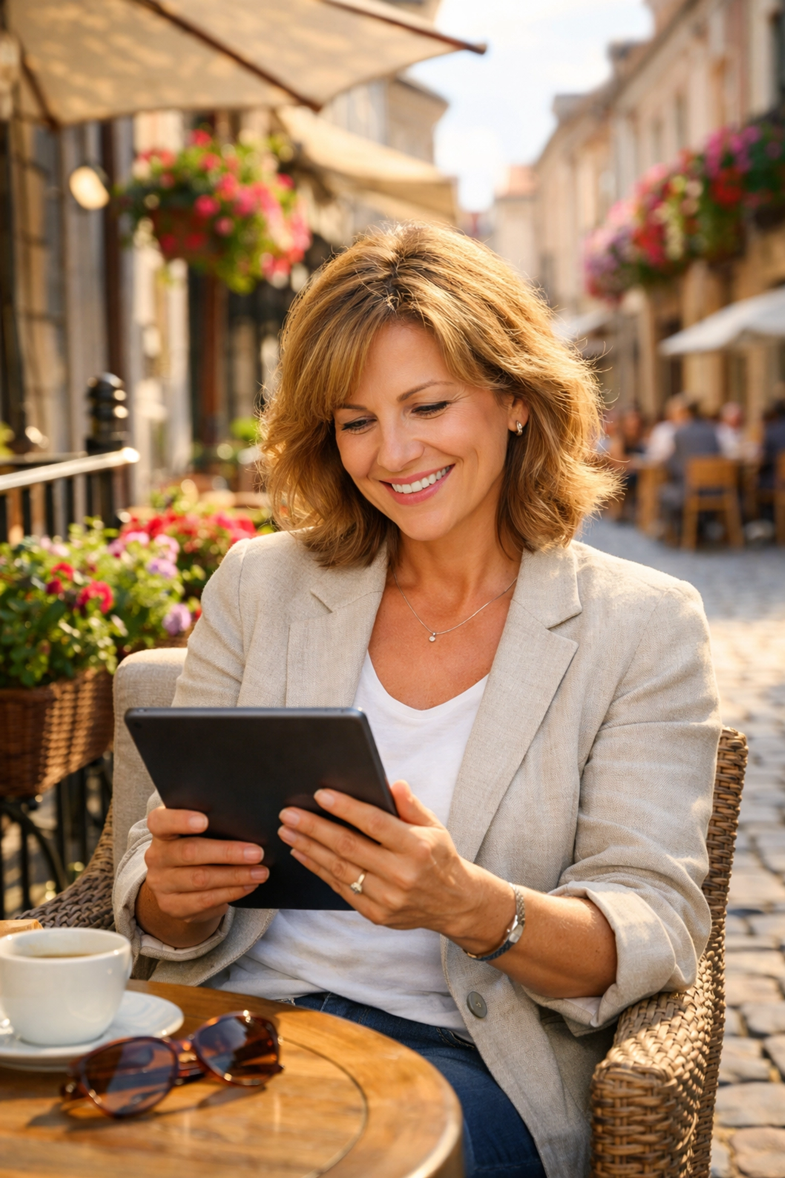 A professional travel advisor enjoying career flexibility at a sunny European outdoor cafe.