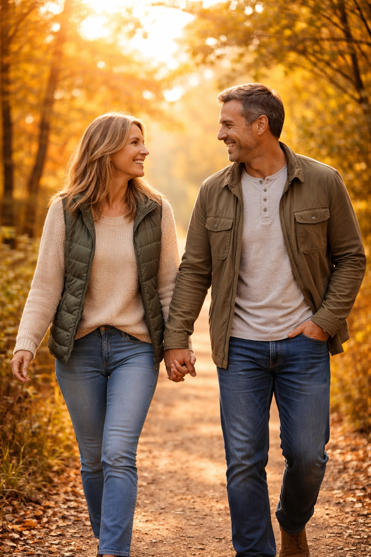 Happy couple walking hand-in-hand on a scenic trail, creating new marriage traditions after the holidays