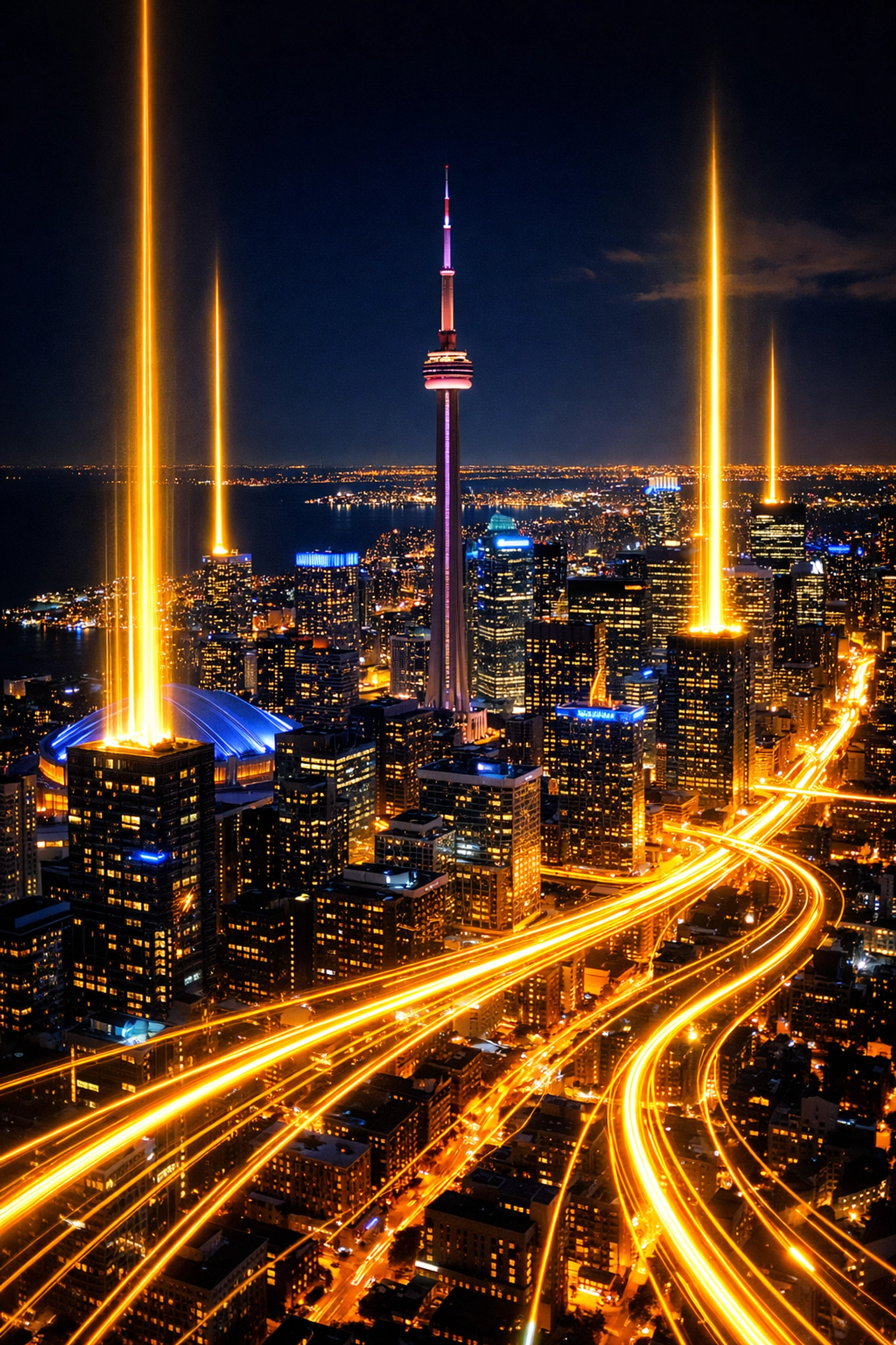 Night aerial of Toronto skyline depicting surgical precision in PPC management and Google Ads.