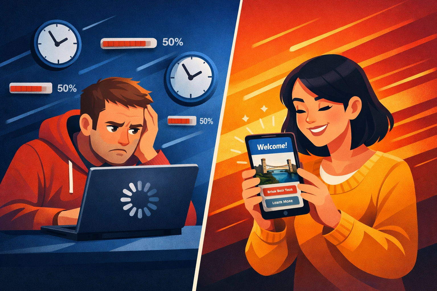 Comparison showing slow website loading frustrating users versus fast loading website performance