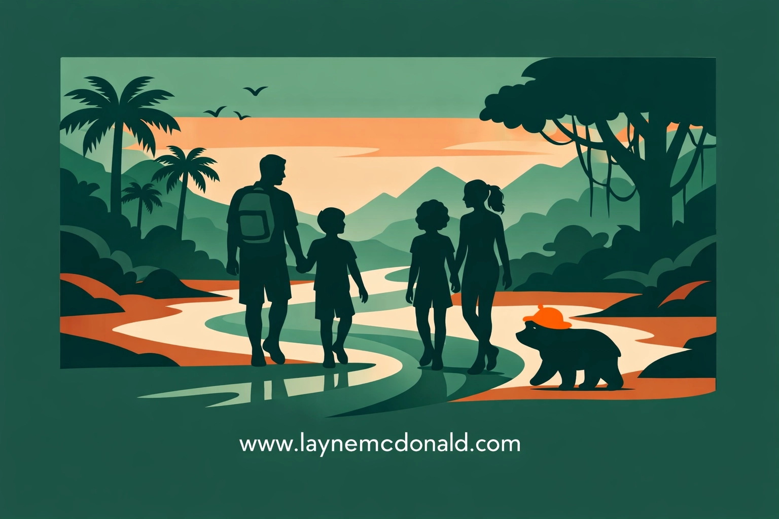 Vector of a family and bear trekking through the Amazon, representing the Christian walk.