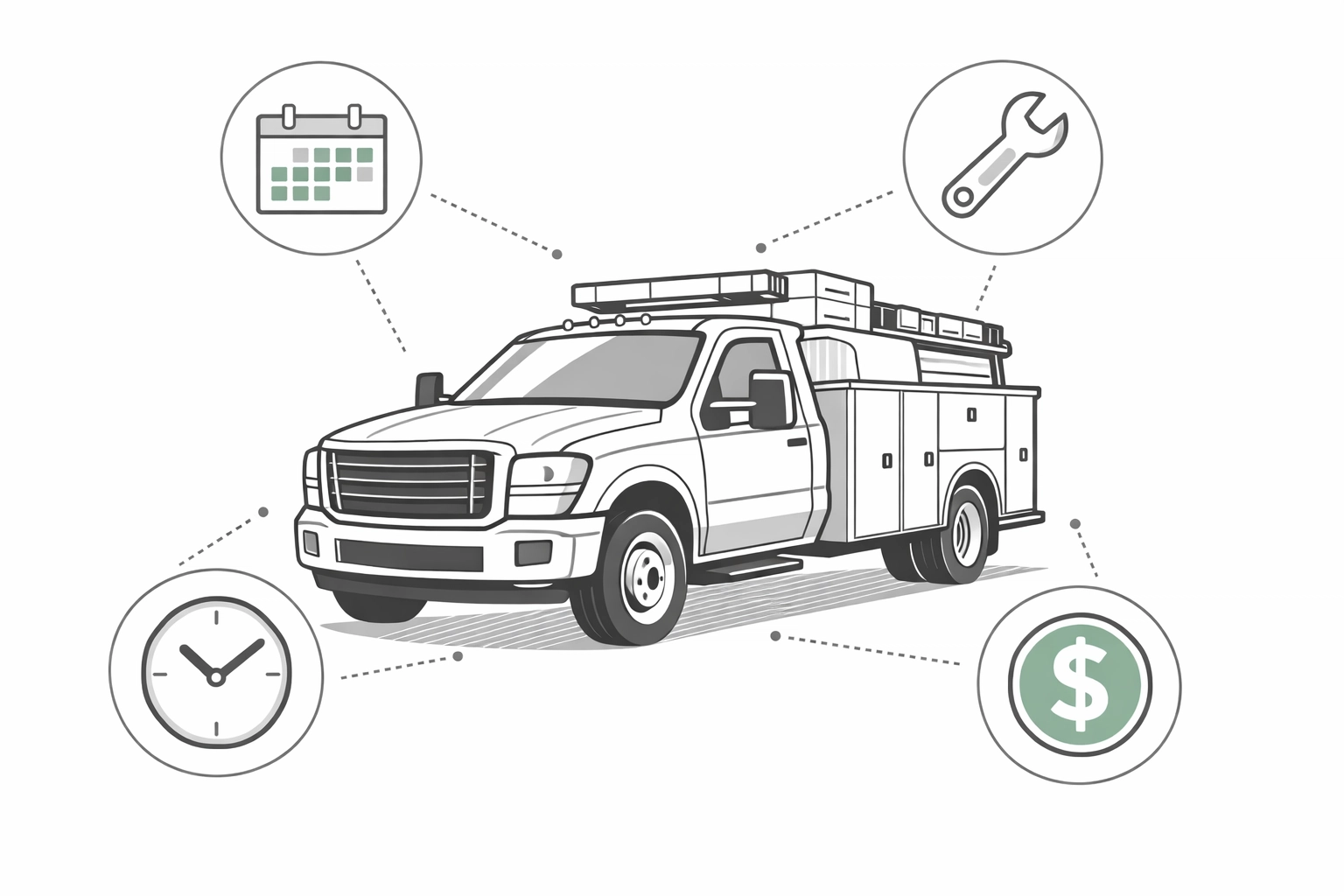 Service truck with connected business system icons showing FSM and QuickBooks integration