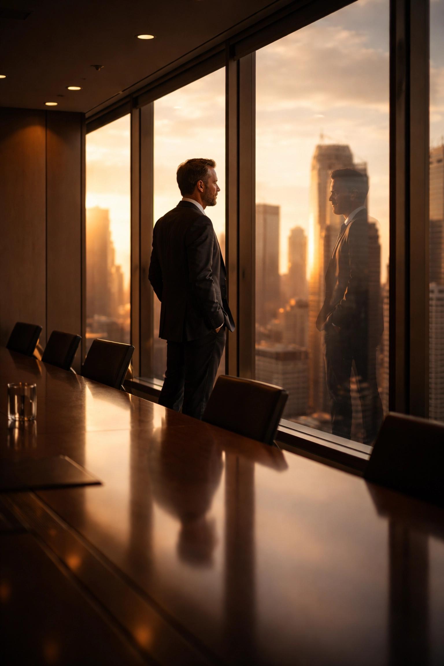 Professional man in suit reflecting at boardroom window, highlighting executive introspection and life after major disruption