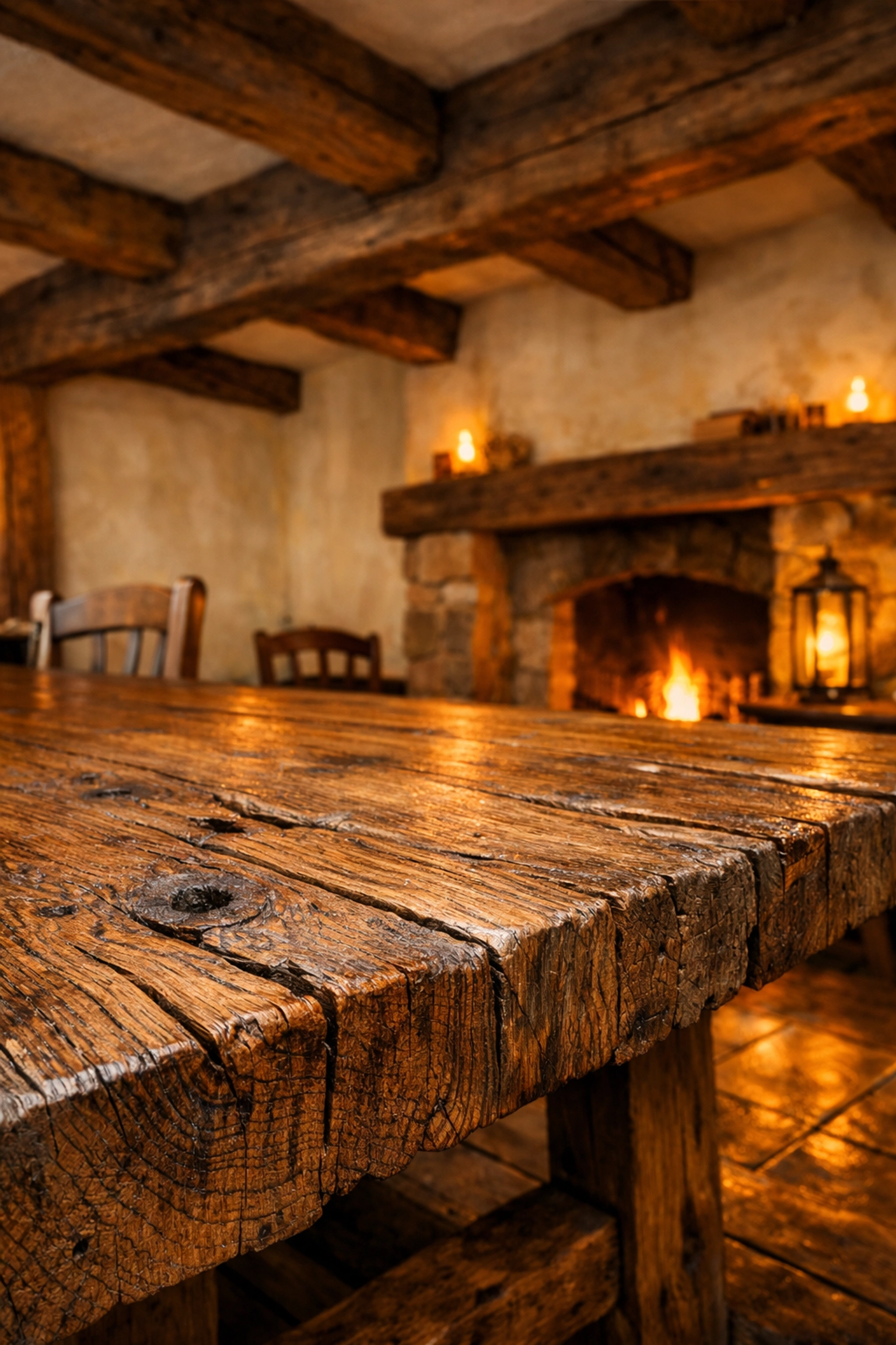 Rustic reclaimed wood dining table and ceiling beams creating a warm, natural home atmosphere.