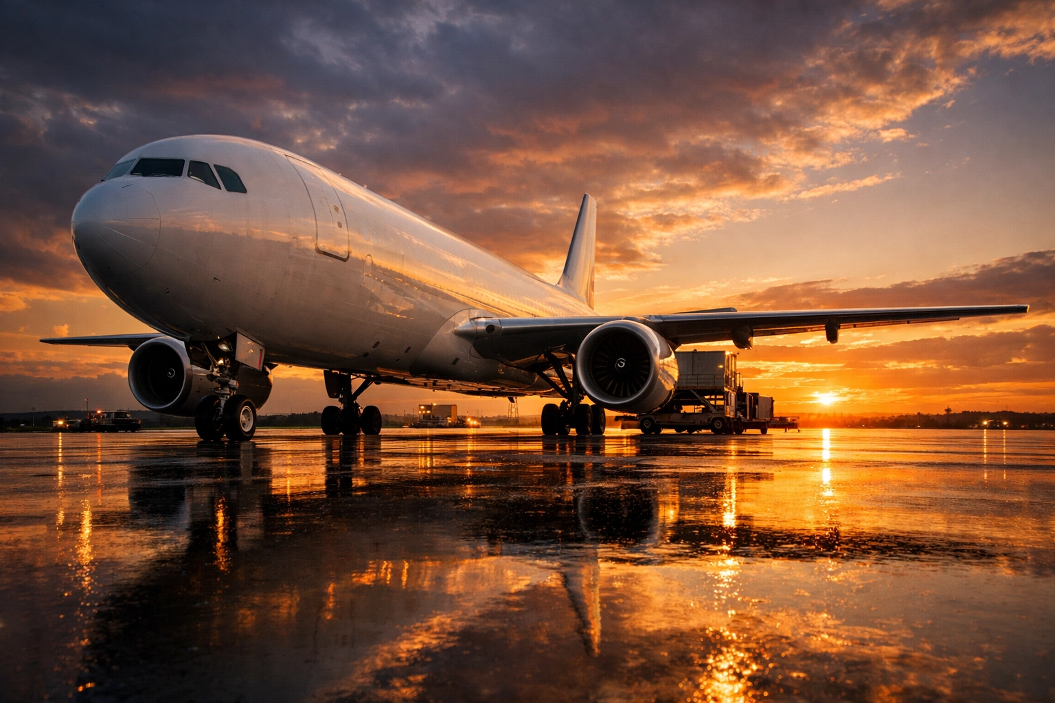 A cargo airplane on a sunset tarmac representing fast transatlantic delivery for parcels sent to the USA.