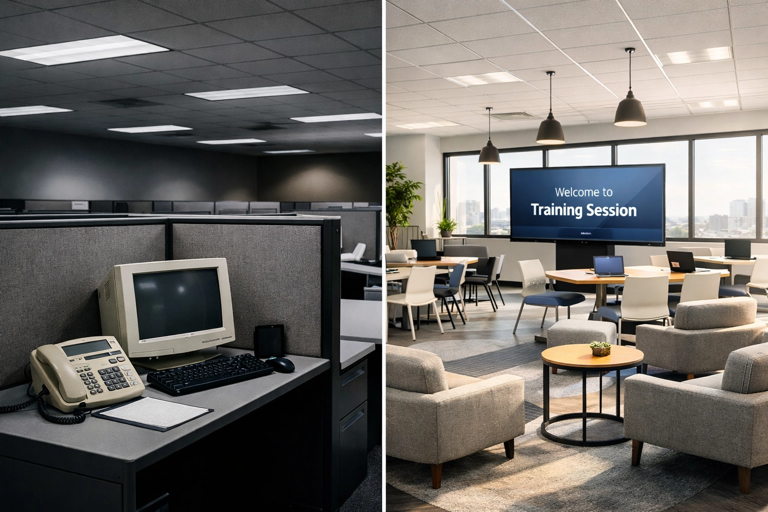 Outdated BDC call center transforming into modern dealership training space with natural lighting