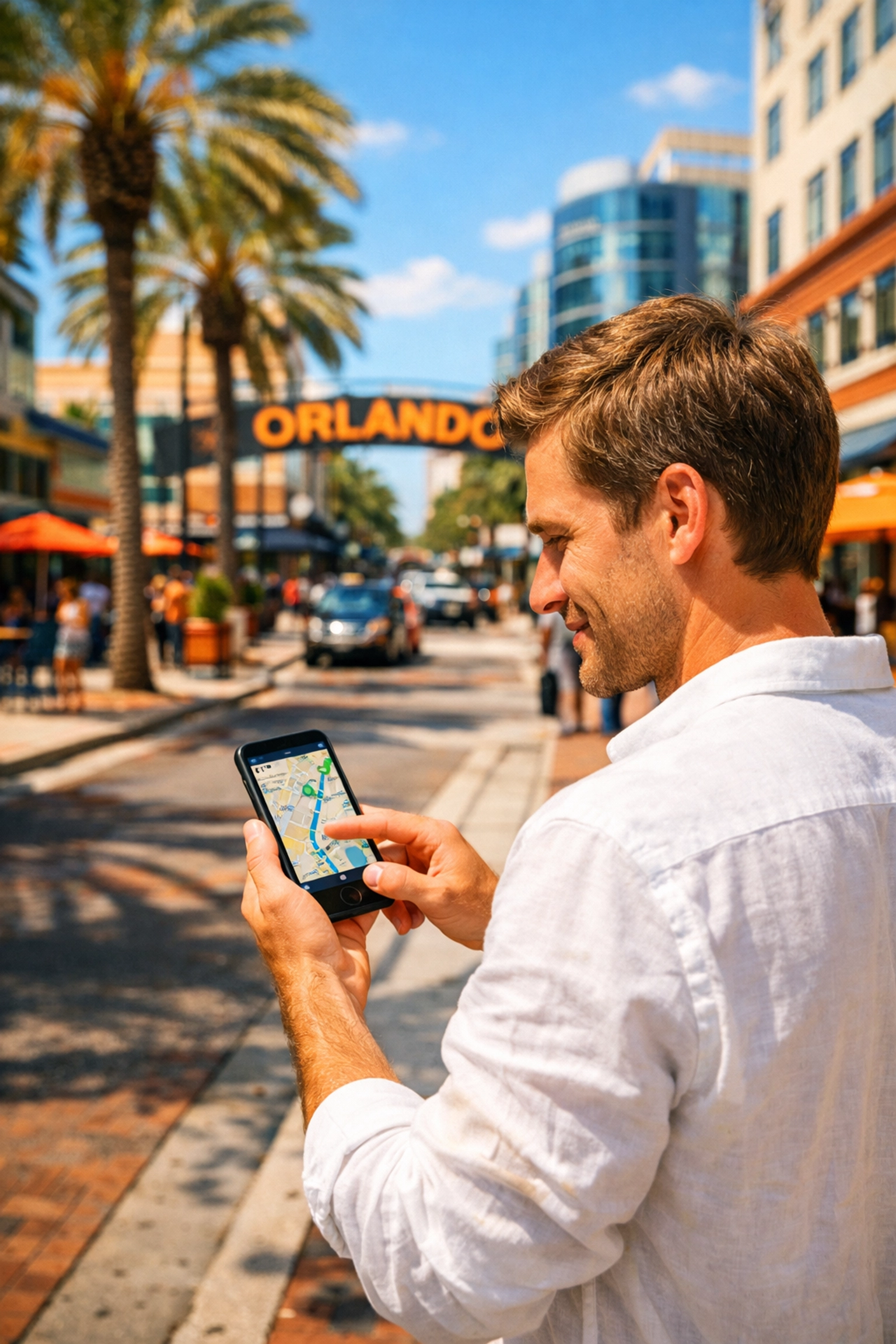 Customer searching for a local business in Orlando using a smartphone map app on a sunny sidewalk.