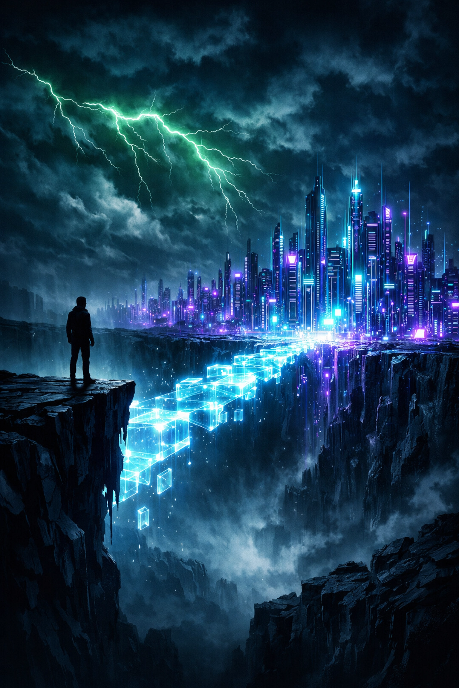 A digital bridge crossing a glowing canyon, symbolizing students bridging the campus-to-career gap.