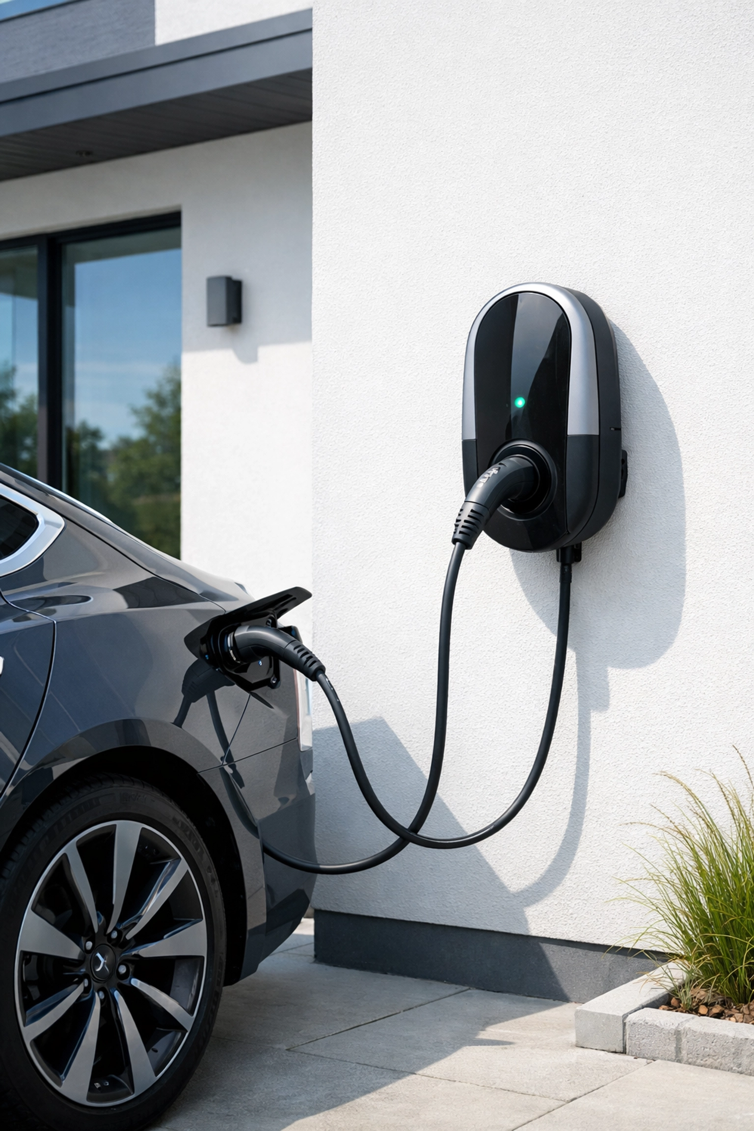 Modern EV charger installation on a contemporary home exterior in Poole, Dorset.