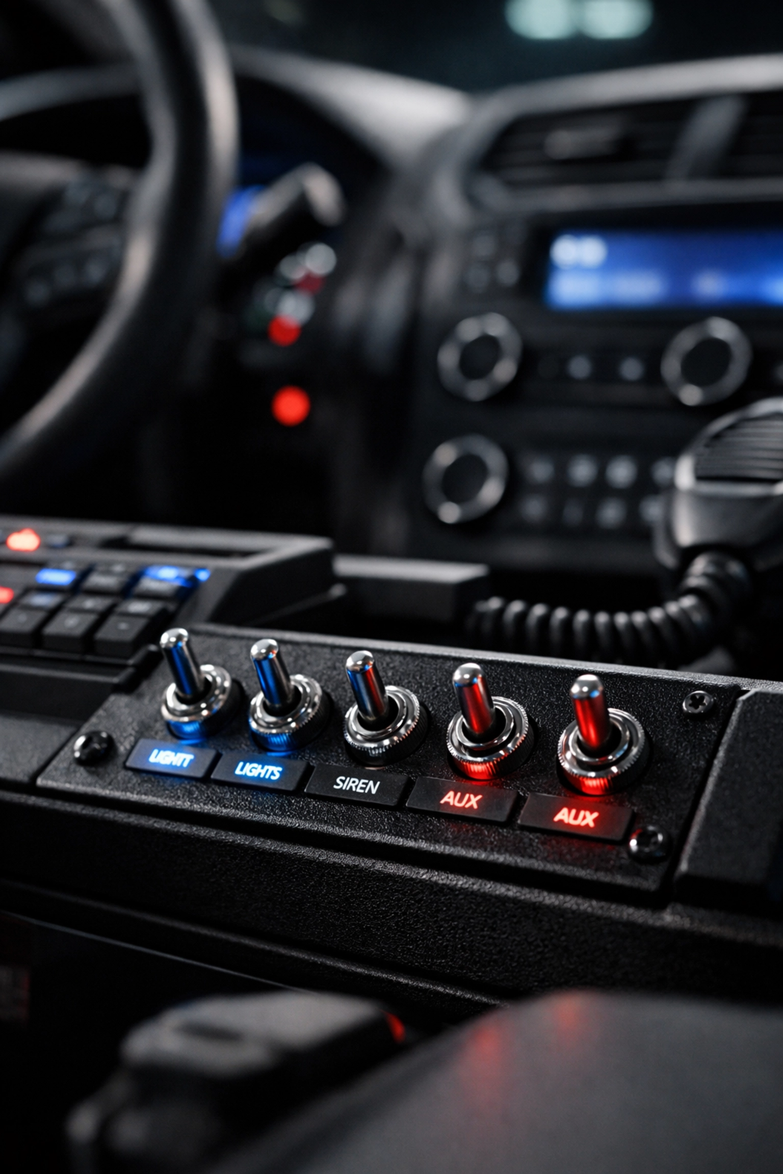 Tactile switches on a custom police vehicle console designed for instinctive use and safety.