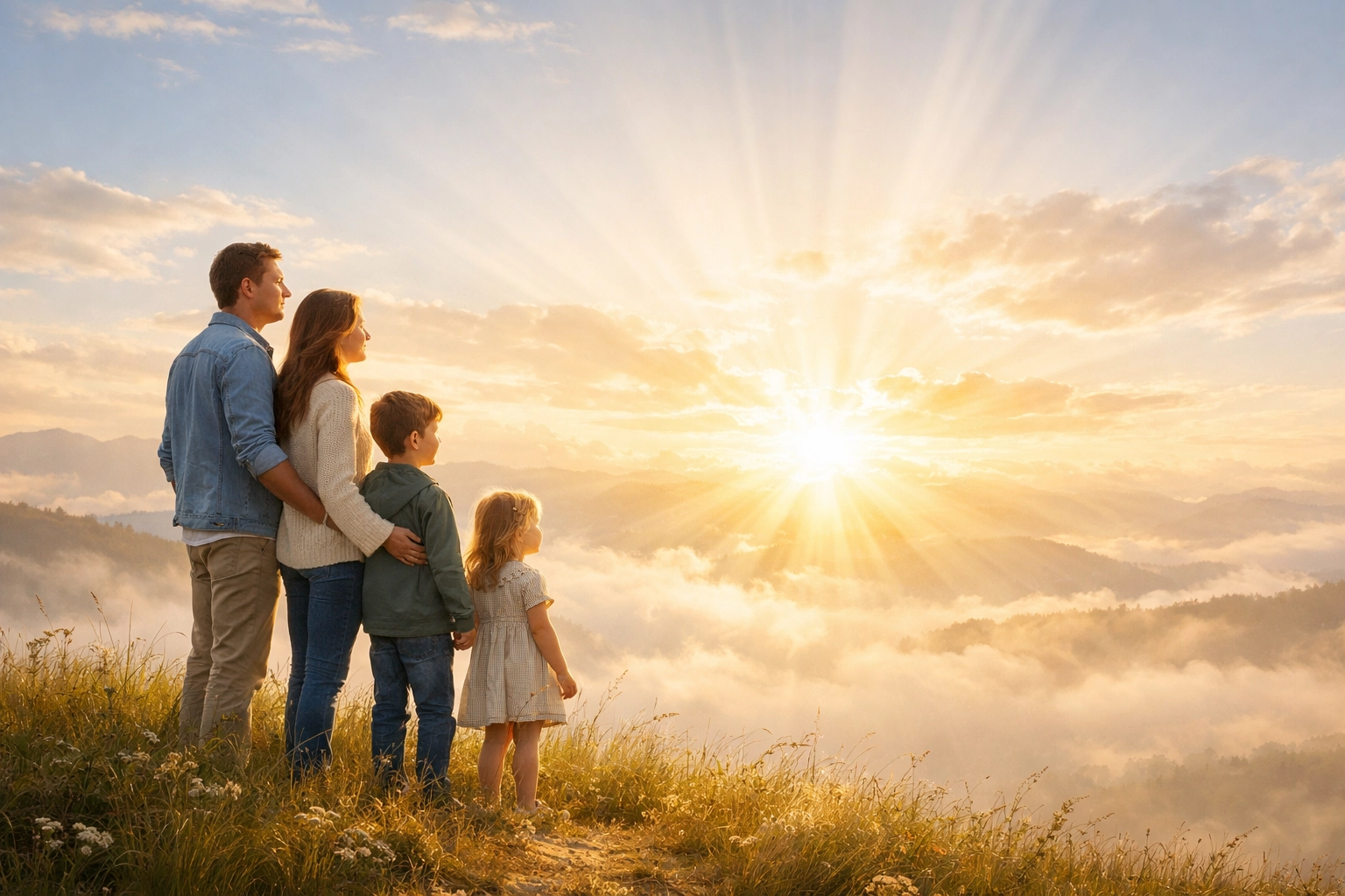 Family looking at a sunrise, representing the Blessed Hope of Christ’s return with Boundless Online Church, FA Memphis.