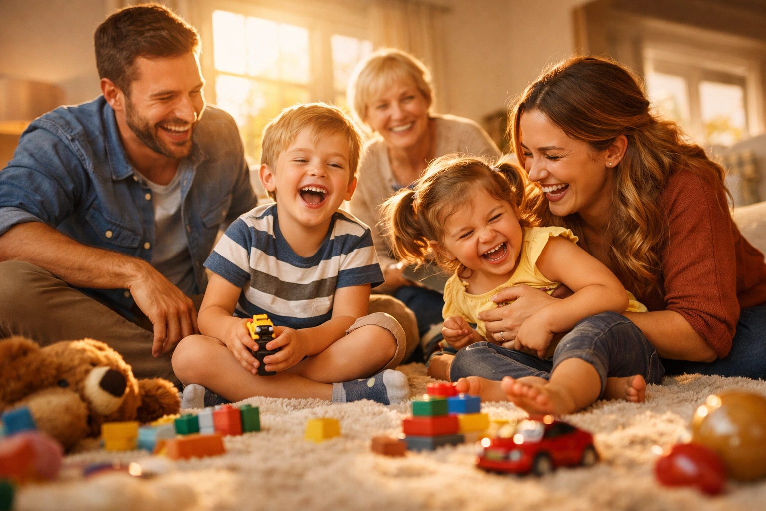 Young family with children playing at home representing the importance of life insurance protection