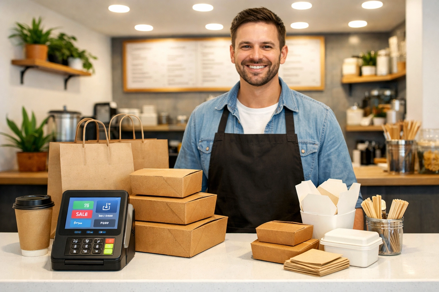 Compact POS terminal setup at small takeaway counter with owner