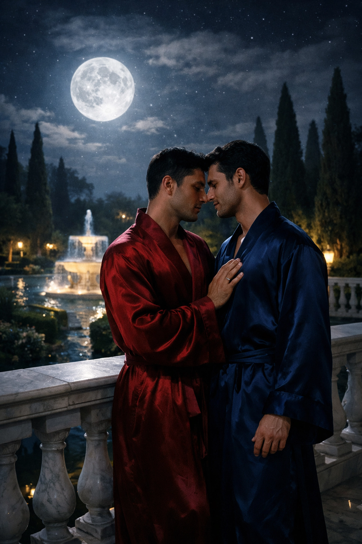 A forbidden moonlit embrace between two men on a balcony, capturing the tension of enemies to lovers mm romance.
