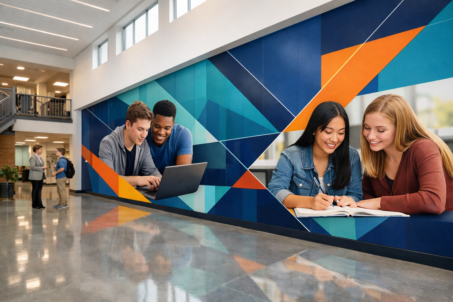 Modern secondary school atrium featuring vibrant wall graphics and geometric designs that showcase the school ethos.