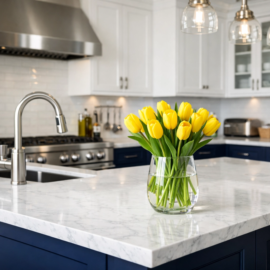 Spotless gourmet kitchen with marble countertops, part of a high-end bi-weekly house cleaning in Dover.
