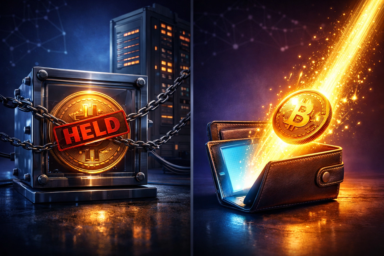 Custodial vs self-custody crypto payments comparison showing trapped vs direct wallet transfer