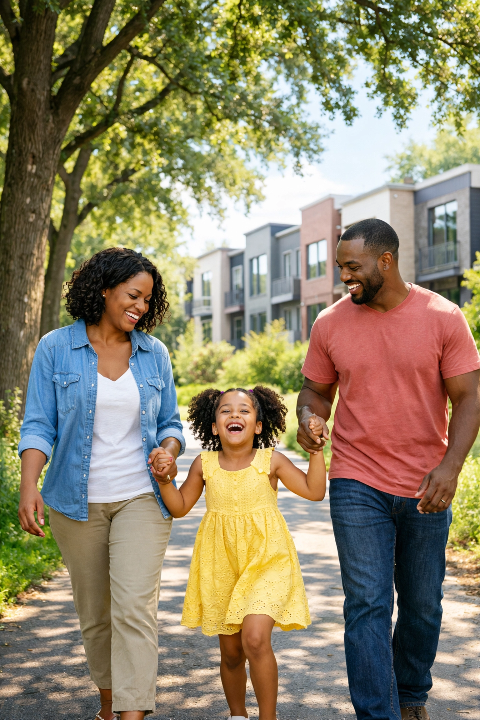 Family enjoying a greenway walk near modern townhomes in the Durham triangle real estate market.