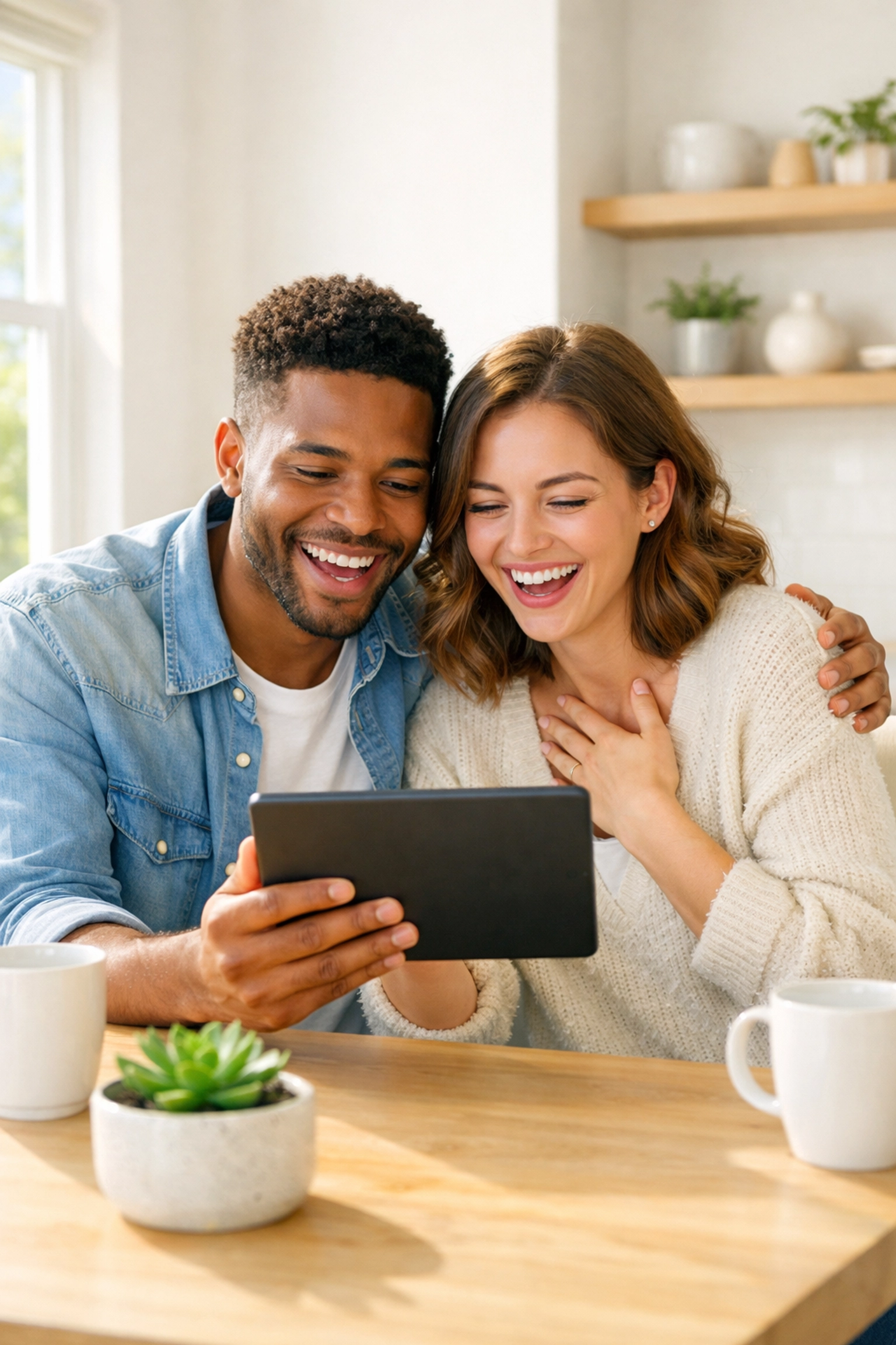 Happy couple celebrating their home loan approval for a new manufactured home in Terrell, Texas.