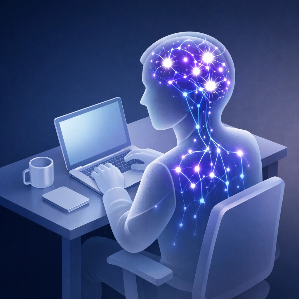 Abstract illustration of neural pathways in a human silhouette representing neurodivergent cognitive load and burnout.