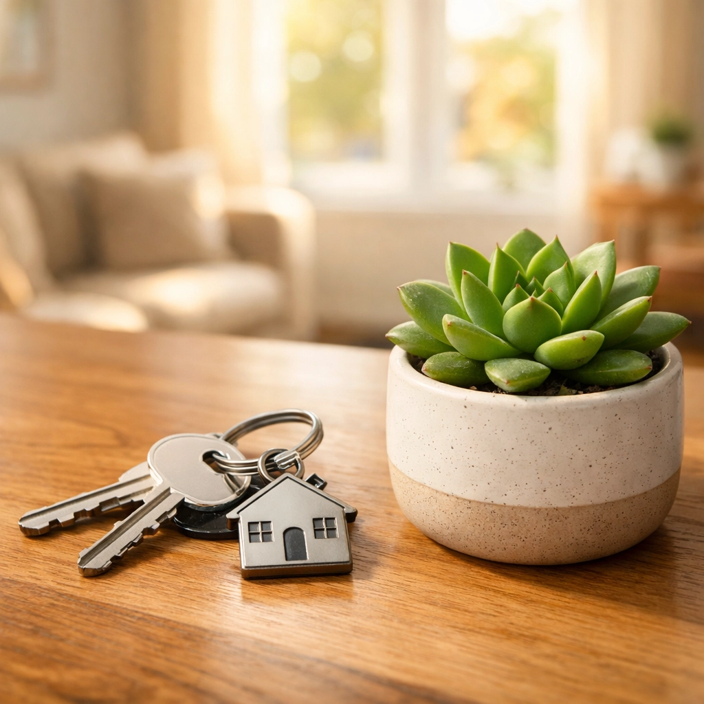 A set of house keys and a small plant representing stability through rent assistance programs in New Jersey.
