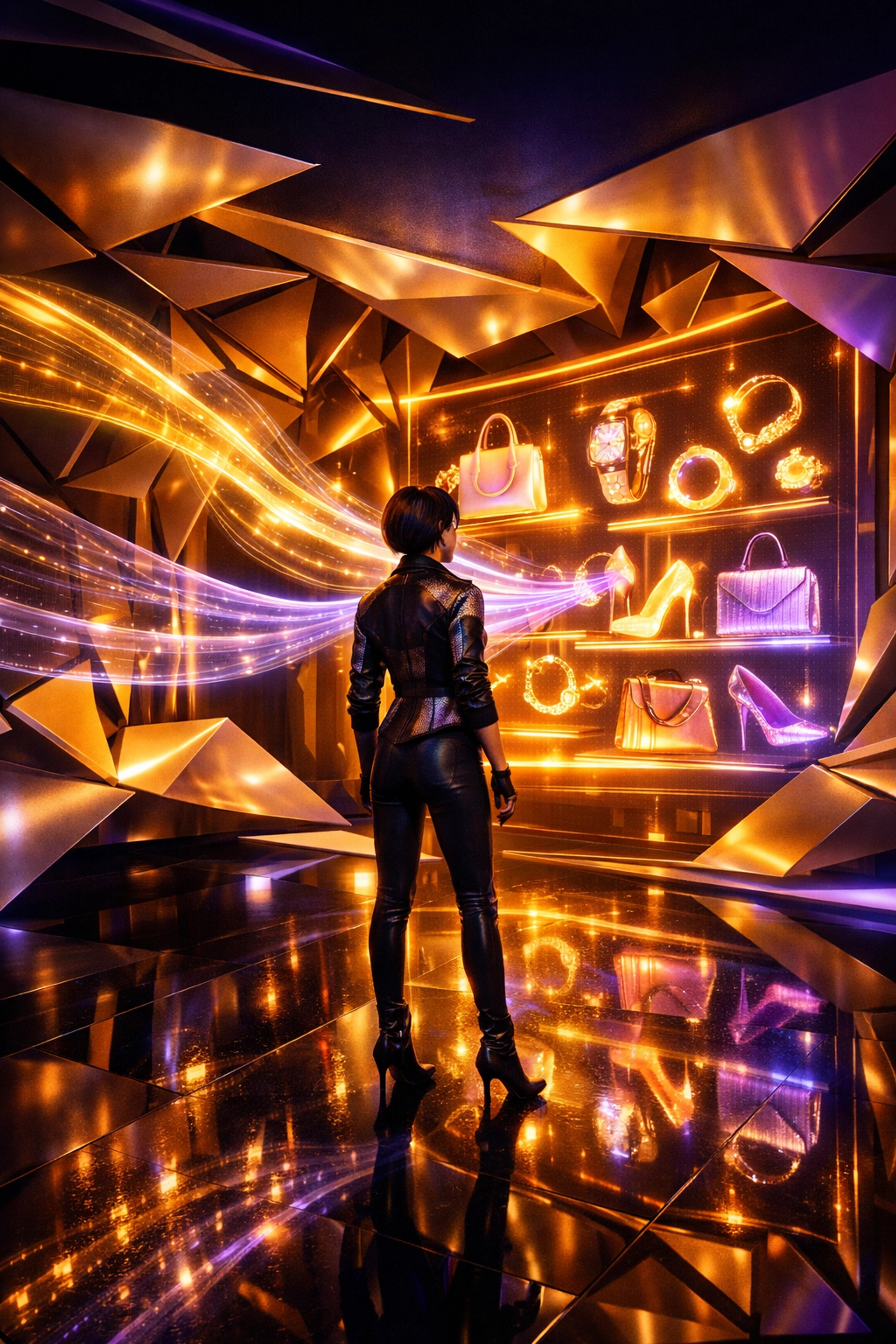 An avatar experiences AI-driven predictive shopping in a dynamic metaverse boutique powered by Larecoin.ai