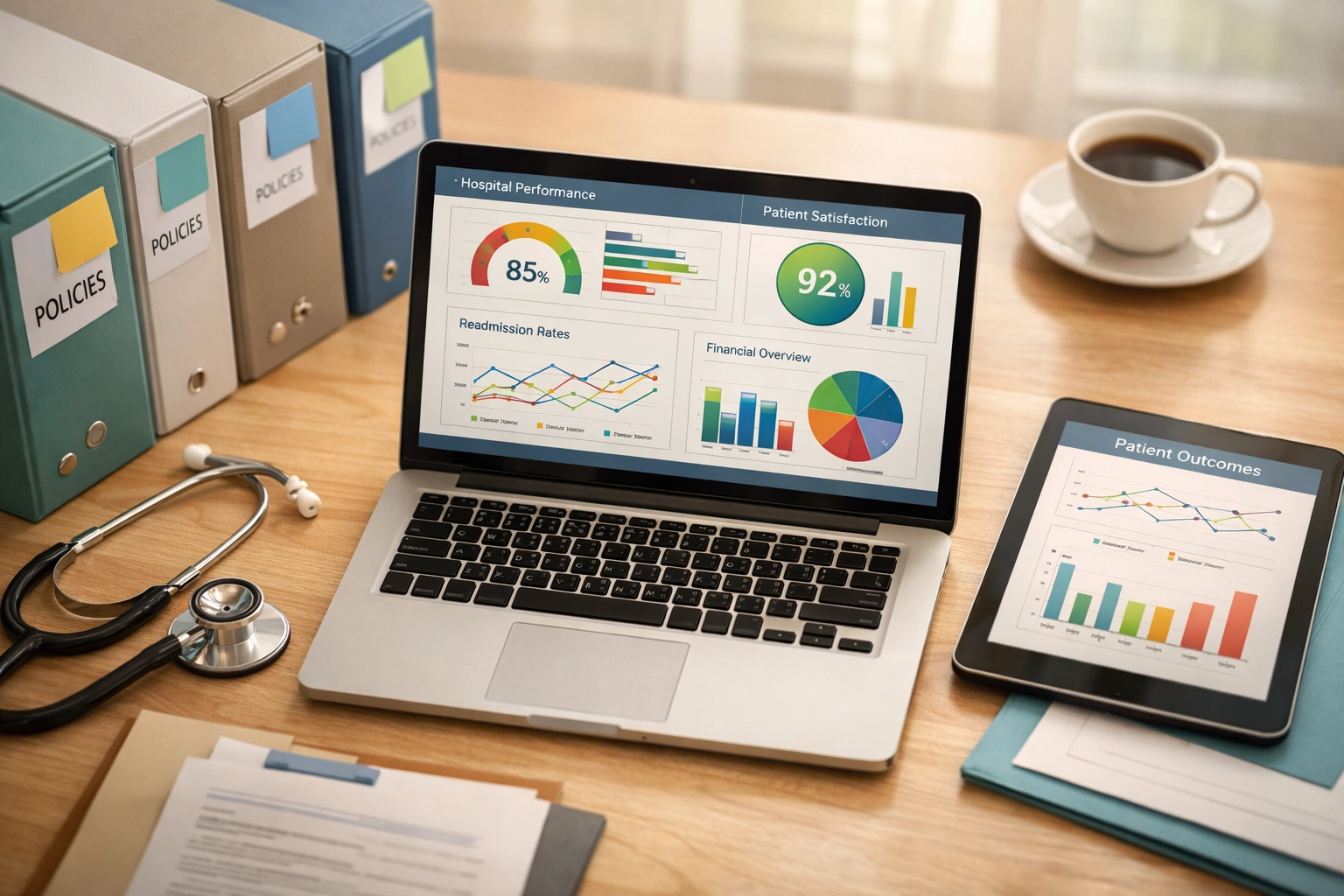 Healthcare administrator desk with performance dashboards and behavioral health compliance documentation