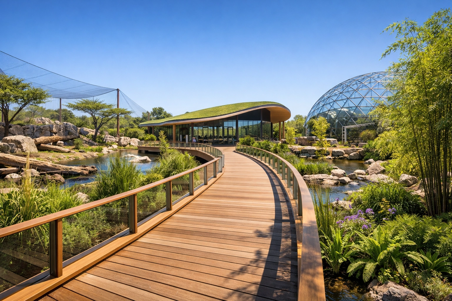 Architectural view of a sustainable zoo exhibit, showcasing modern infrastructure for wildlife protection.