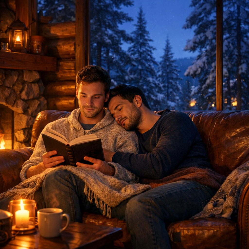 Two men relaxing in a cozy log cabin, a popular setting for forced proximity tropes in MM romance books.