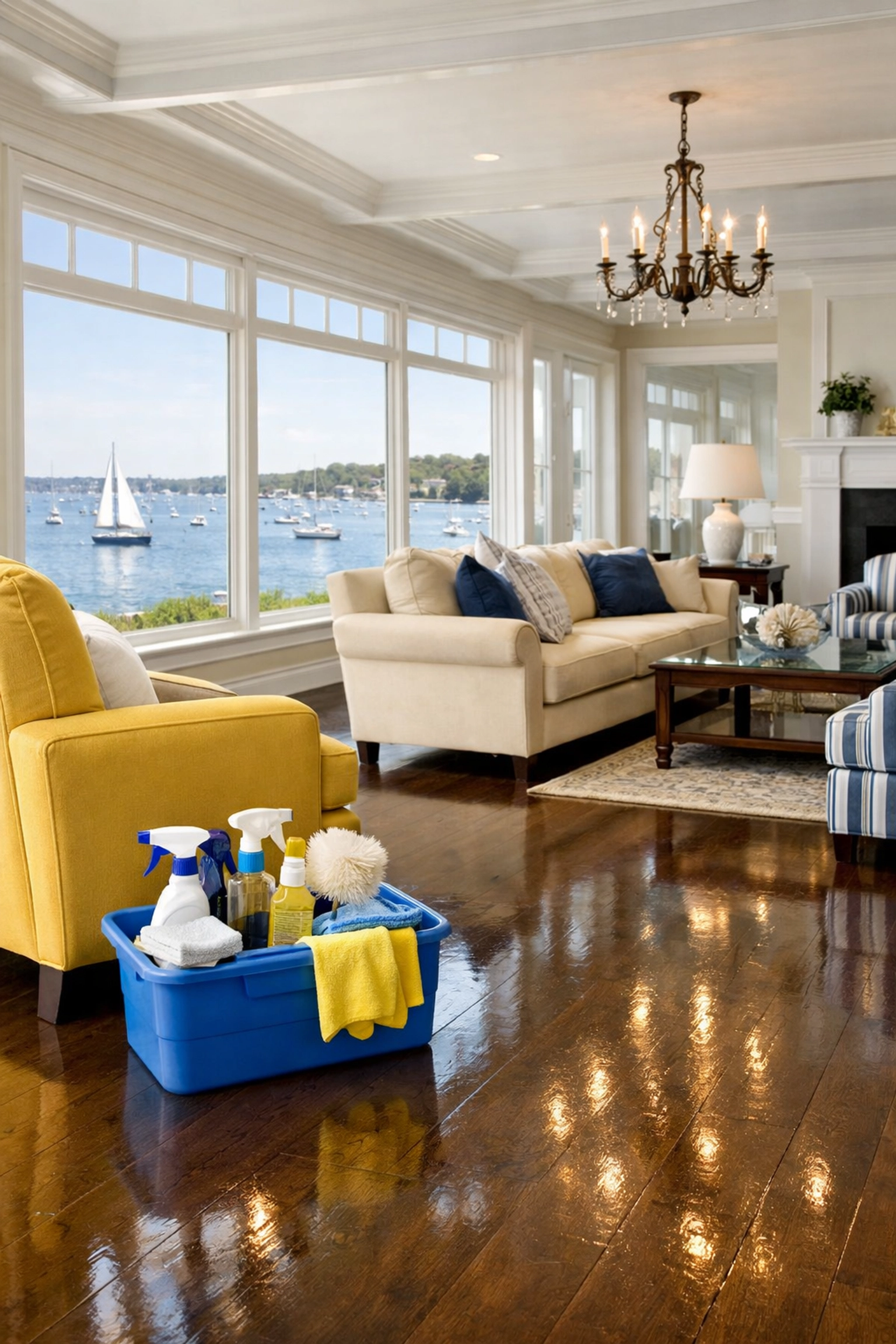 Impeccable Marblehead living room with harbor views after a professional luxury cleaning service.