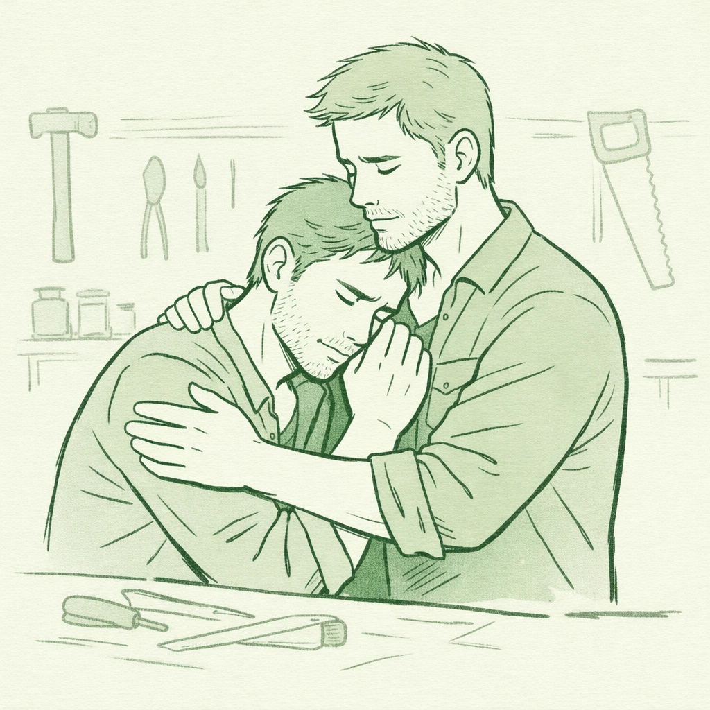 Two men embrace in craftsman workshop, depicting emotional MM romance and support