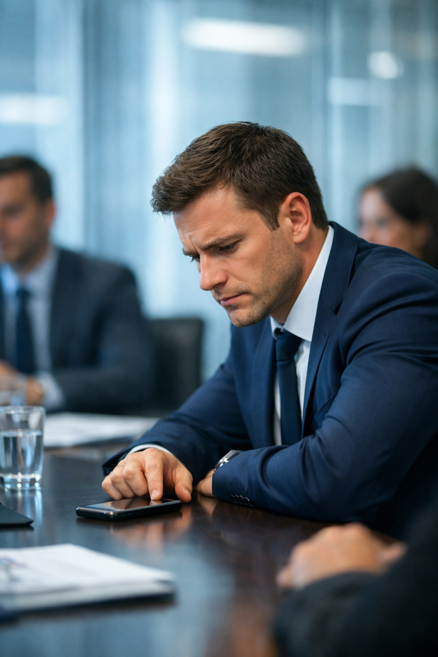 Gay professional hiding worry in meeting, unable to acknowledge partner's emergency call