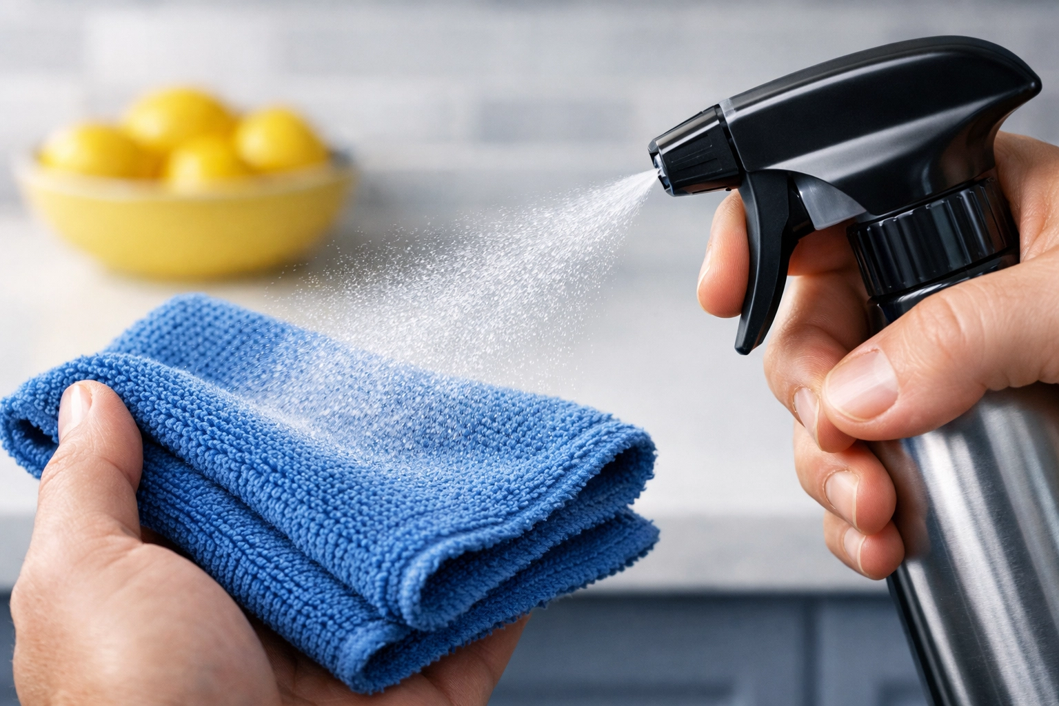 Hand spraying a microfiber cloth for professional house cleaning Worcester MA.