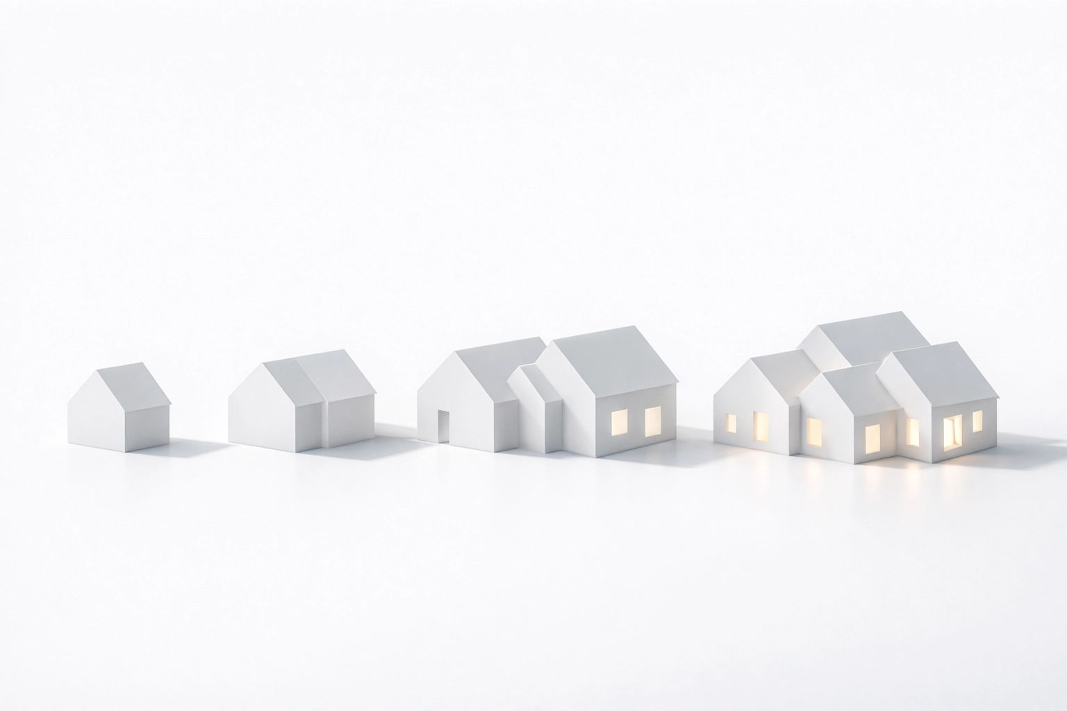 Minimalist white house icons multiplying to represent the 5X client formula in real estate.