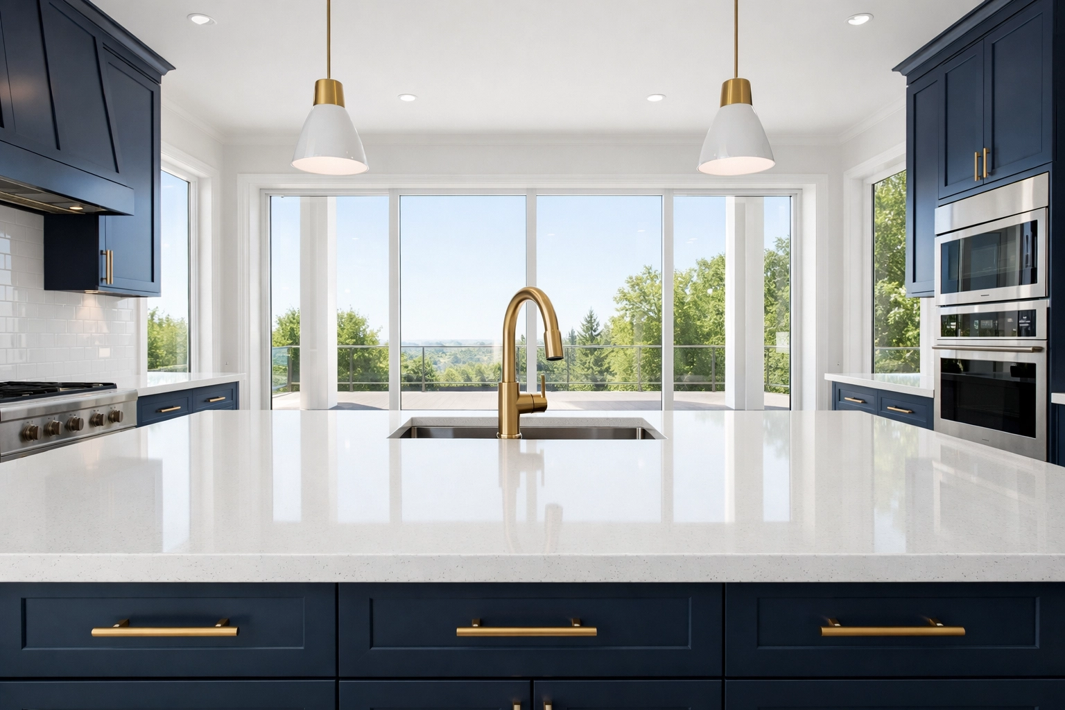 Immaculate modern kitchen with clean quartz countertops after a final construction cleaning.