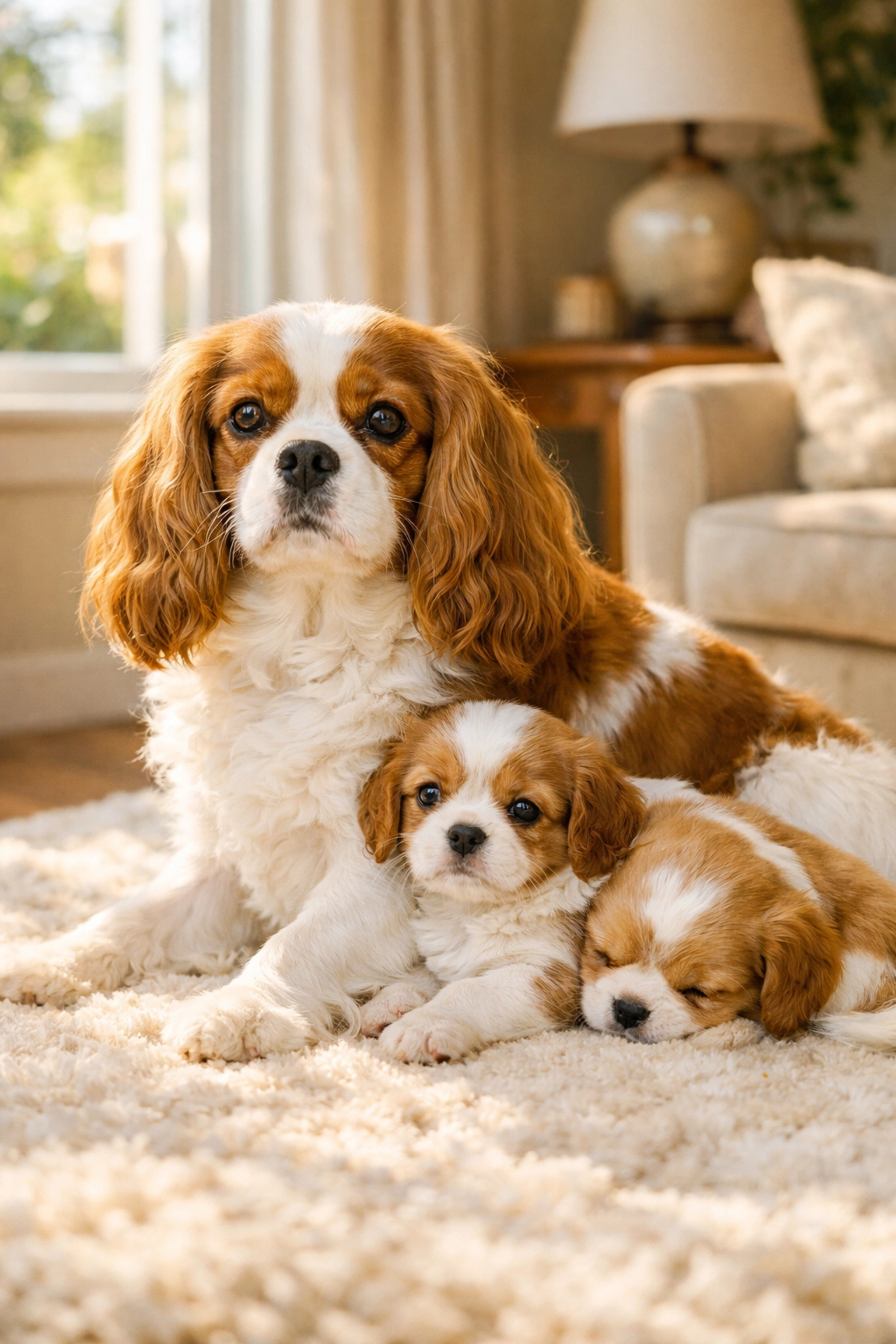 Therapy-quality Cavalier King Charles Spaniel mother and puppies in a peaceful Oregon home.