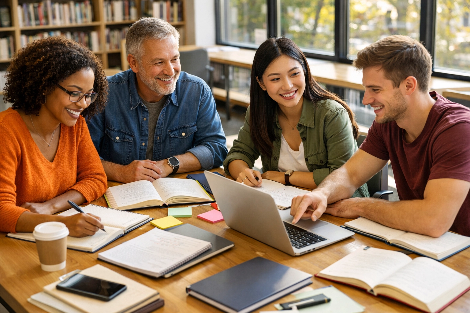 Adult students studying together for DSST exams with laptops and study materials at library table