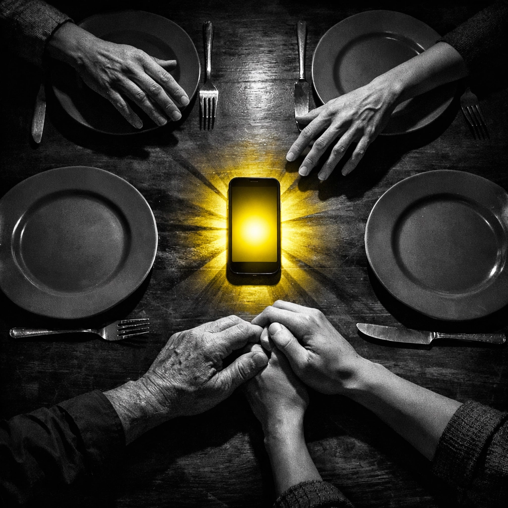 Family dinner table with phone disrupting connection and digital wellbeing