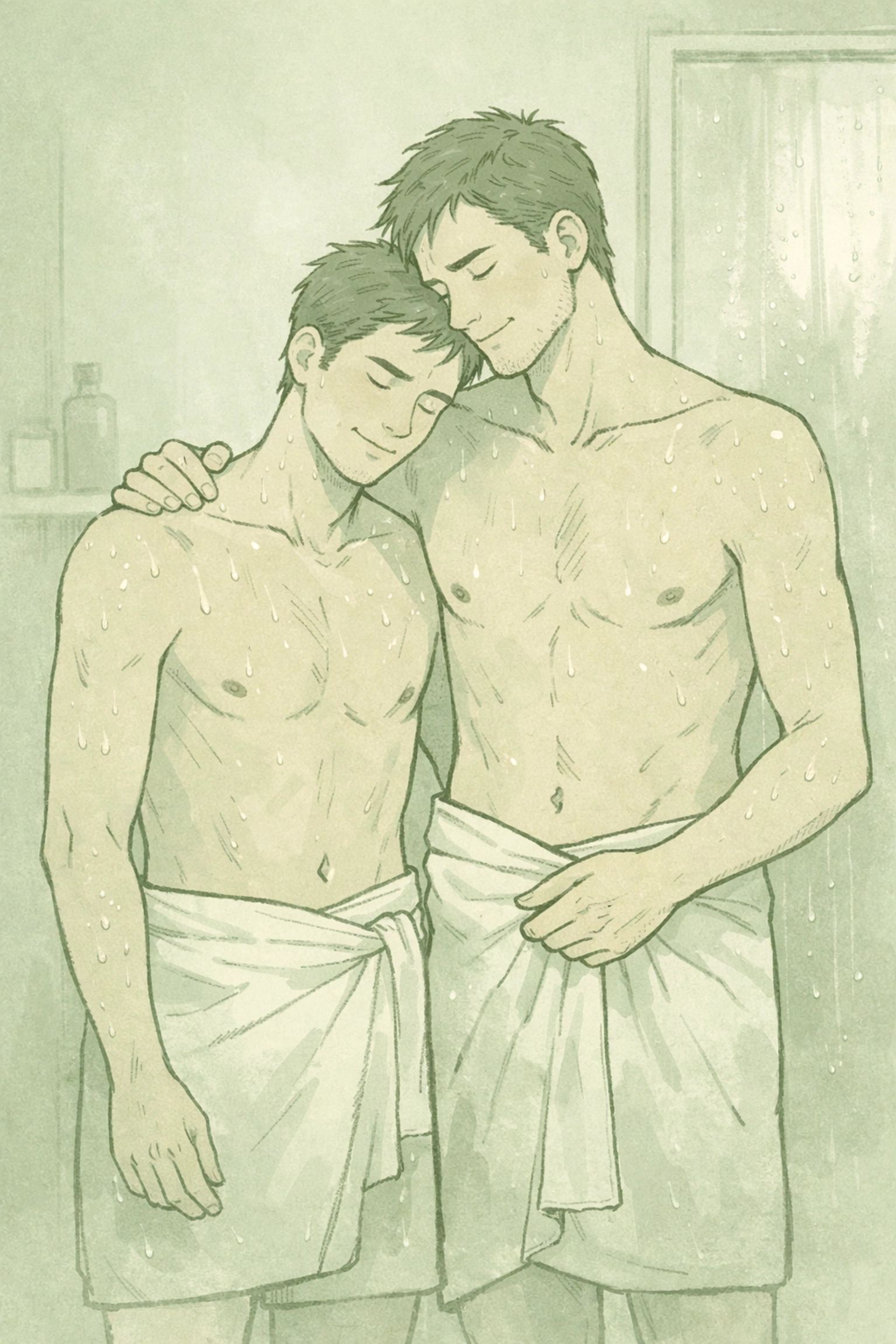 Two men sharing vulnerable moment after shower, building trust in gay relationship