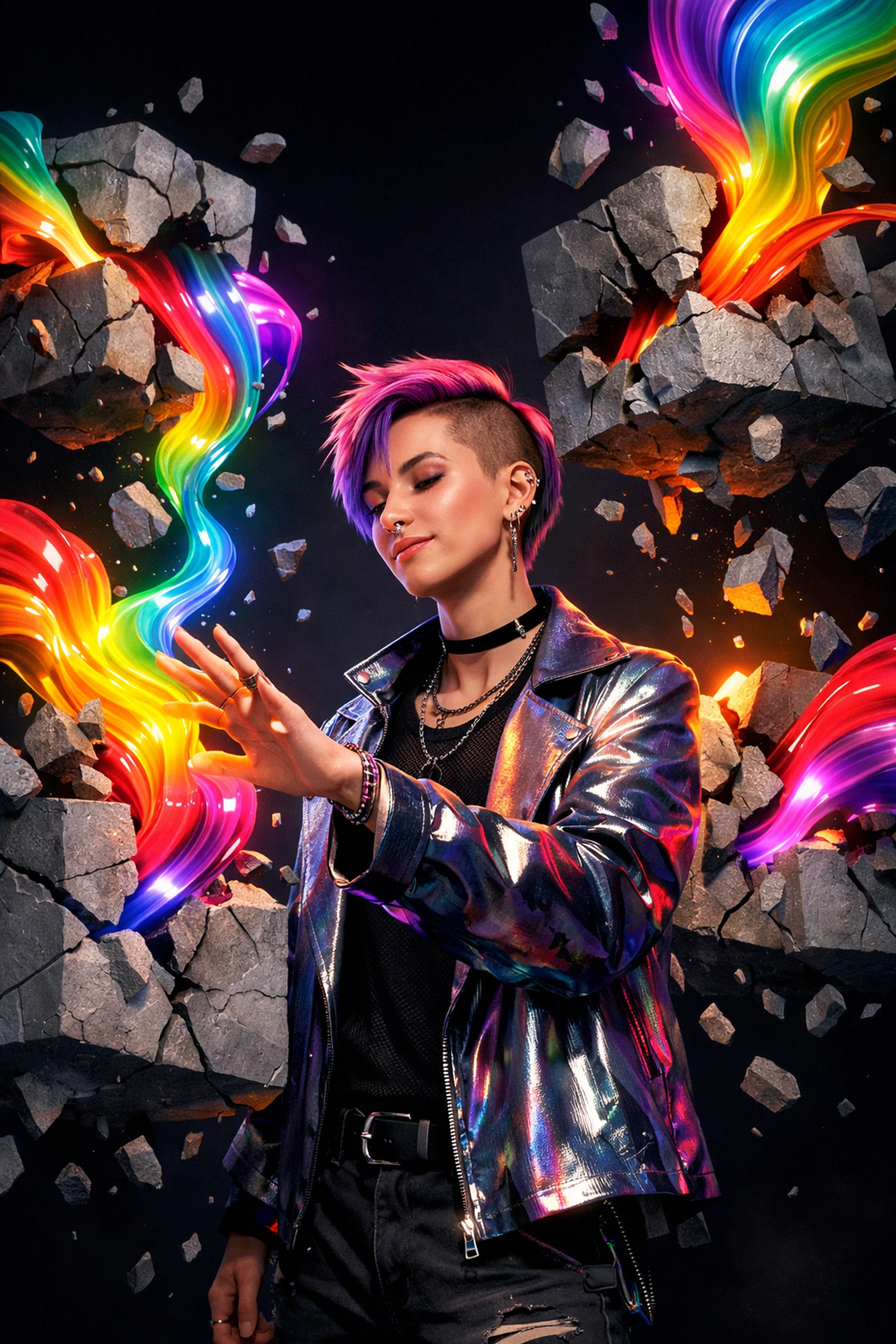 A person releasing vibrant rainbow colors from stone boxes, symbolizing queer philosophy and gender identity.