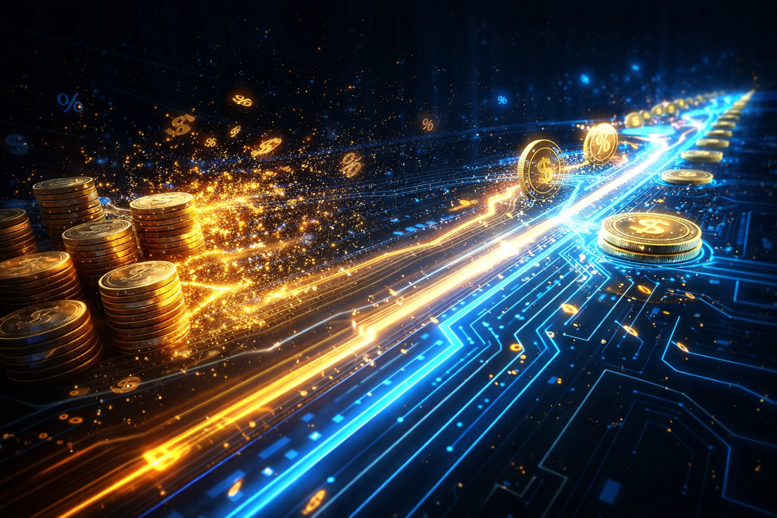 Traditional currency transforming into digital LUSD tokens, representing 50% fee reduction in Web3 payments